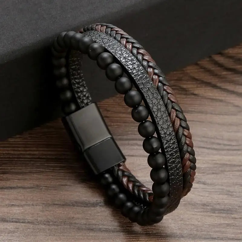 Klassiek Leren Armband voor Mannen – Handgeweven Multi-layer Design