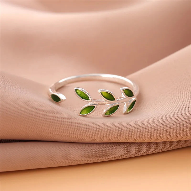 Bague ouverte originale en argent pur avec branches d'arbre vertes et feuilles - Pour femmes et filles