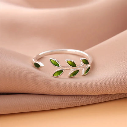 🌿 Original Creative Pure Silver Green Tree Branch Leaves Open Ring – Voor Vrouwen & Meisjes