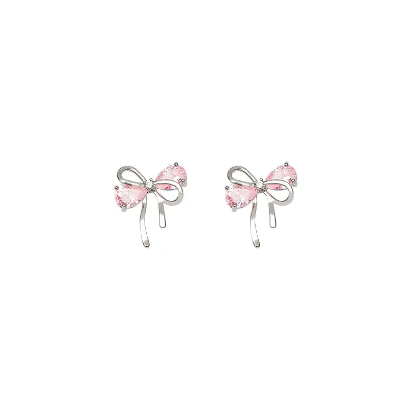 Silver Bow Pink Zirconia Stud Earrings for Women - Piercing, Wedding, Luxury Jewelry