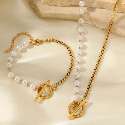 Stainless Steel Jewelry Set – Elegant Pearl Necklace and OT Pendant for Women