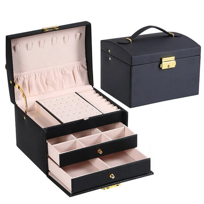 Coffret à bijoux de luxe à trois niveaux – Coffret de rangement en cuir avec serrure