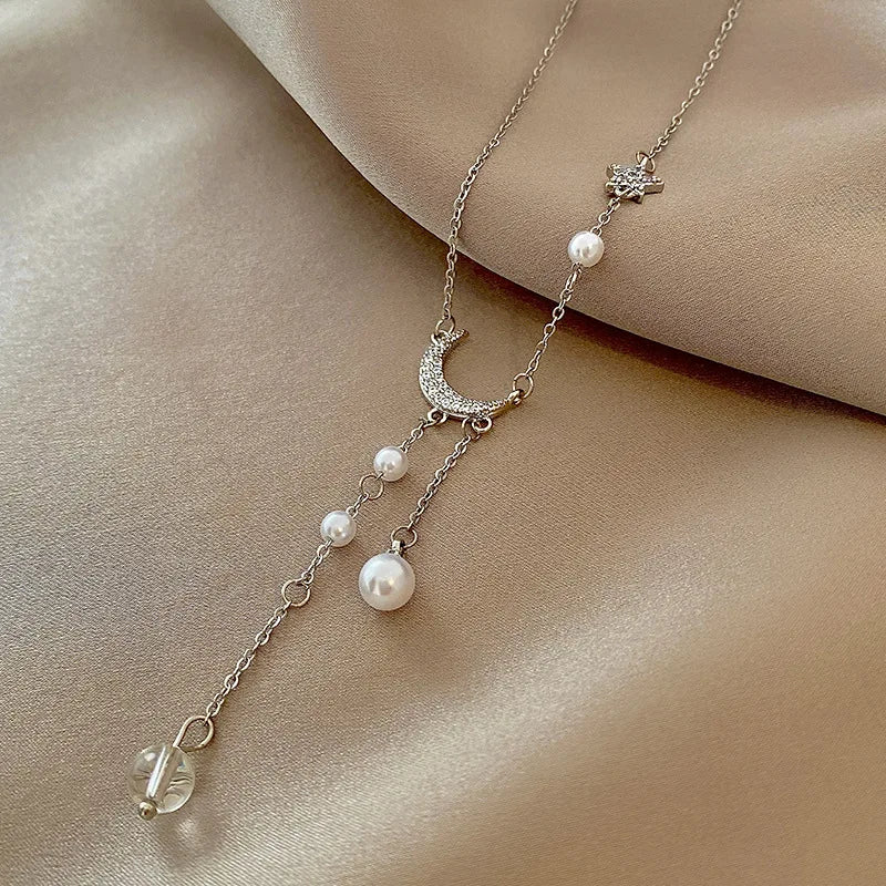 Silver Star Moon Necklace Pearl Tassel Necklace Sparkling Zircon Pendant Wedding Jewelry Accessories