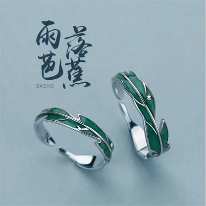 Sterling Zilveren Veer & Groen Blad Ring - Verstelbare Couple Ring