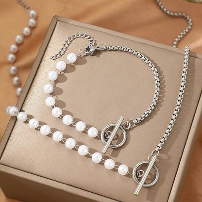 Stainless Steel Jewelry Set – Elegant Pearl Necklace and OT Pendant for Women