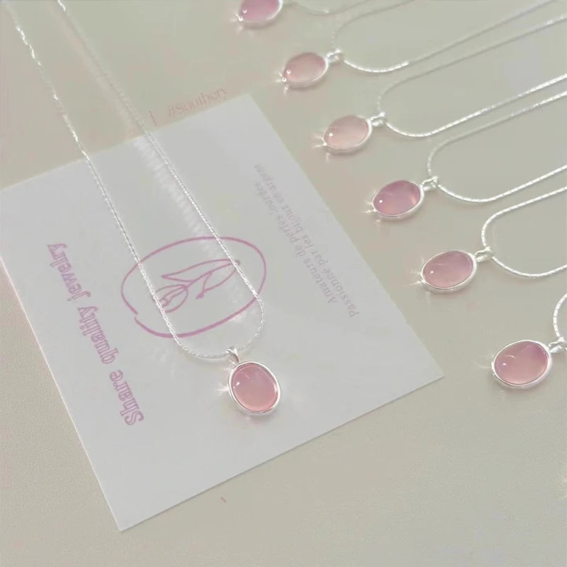 Zilveren Roze Kristal Maansteen Hanger Ketting voor Vrouwen - Mode en Eenvoudig Ovalen Pendel Clavicle Chain Feest Sieraden