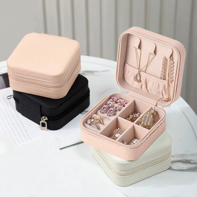 Portable Leather Jewelry Box - Compact Travel Case with Zipper and Snap