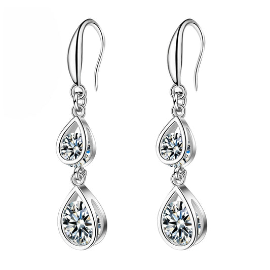 High Quality Jewelry 925 Sterling Silver New Double Crystal Drop Earrings for Women