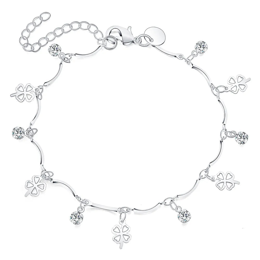 Trendy Silver Lucky Clover Leaf Zirconia Chain Bracelet For Women – Fashion Wedding Party Gifts Fine Jewelry