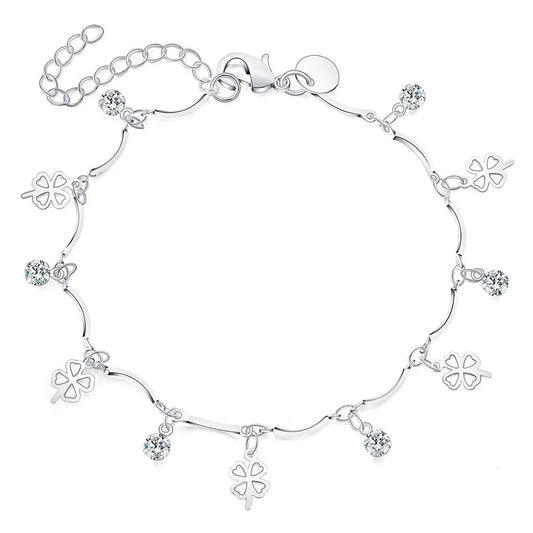 Trendy Silver Lucky Clover Leaf Zirconia Chain Bracelet For Women – Fashion Wedding Party Gifts Fine Jewelry