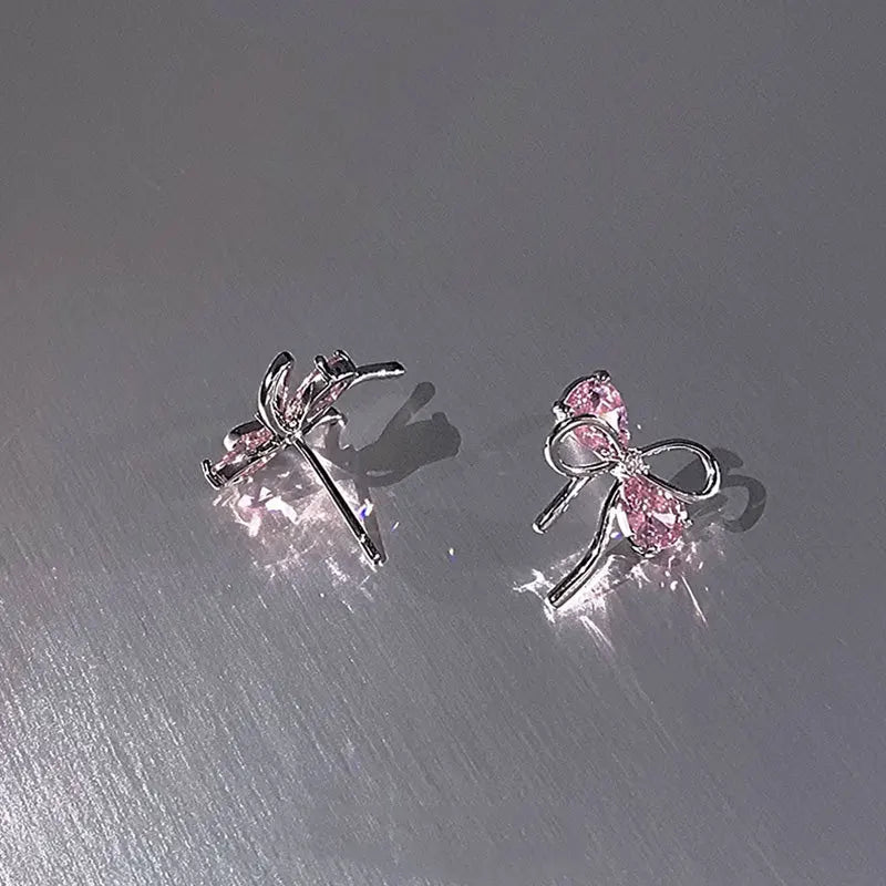 Silver Bow Pink Zirconia Stud Earrings for Women - Piercing, Wedding, Luxury Jewelry