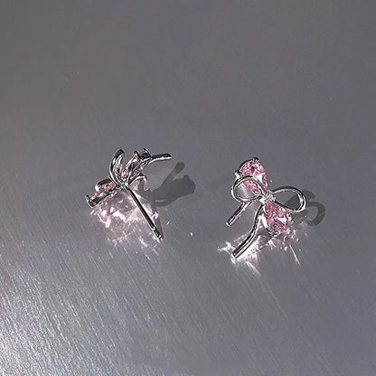 Silver Bow Pink Zirconia Stud Earrings for Women - Piercing, Wedding, Luxury Jewelry