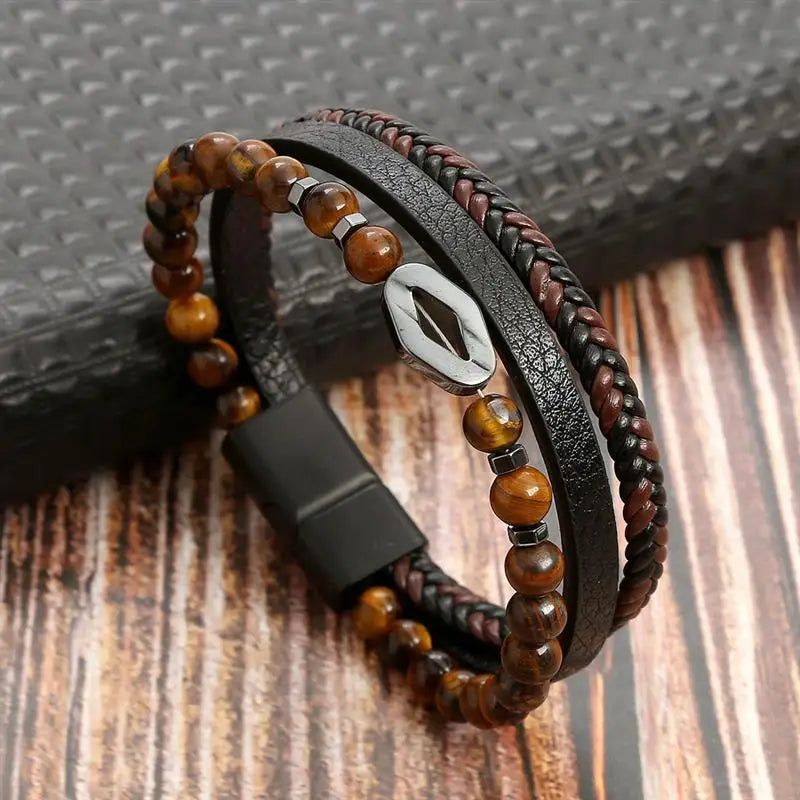 Klassiek Leren Armband voor Mannen – Handgeweven Multi-layer Design