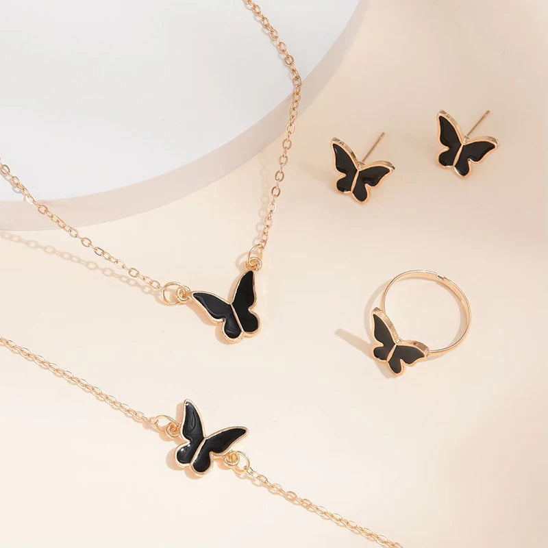 Ensemble de bijoux 5 pièces en forme d'insectes et de papillons – collier, bracelet, boucles d'oreilles et bague