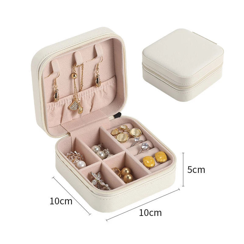 Portable Leather Jewelry Box - Compact Travel Case with Zipper and Snap