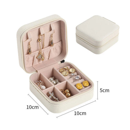 Portable Leather Jewelry Box - Compact Travel Case with Zipper and Snap