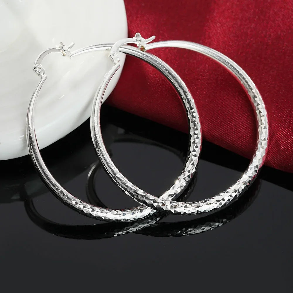 Charms Fine Silver 5CM Circle Hoop Earrings for Women Fashion Beautiful Wedding Party Jewelry Holiday Gifts