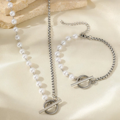 Stainless Steel Jewelry Set – Elegant Pearl Necklace and OT Pendant for Women