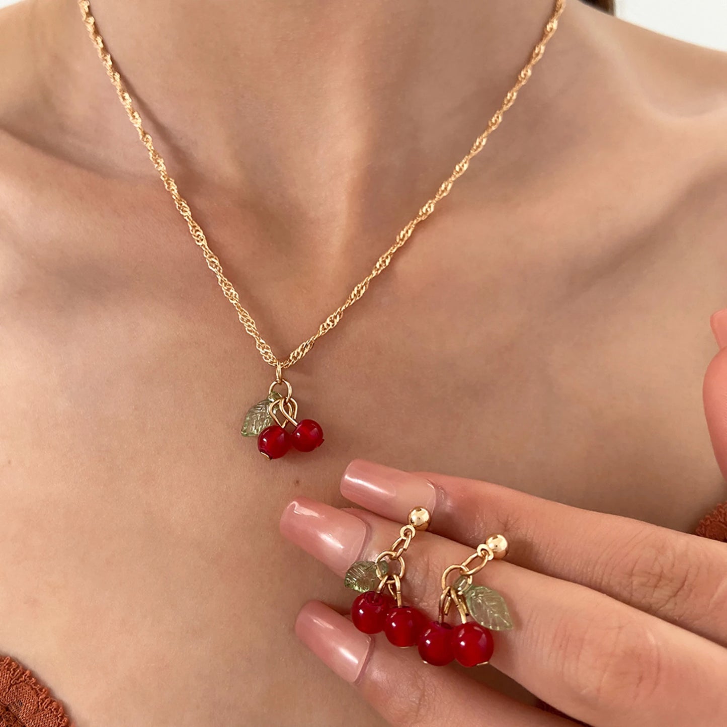 Cherry Red Necklace and Earrings Set - Light Luxury and Niche Design for Women