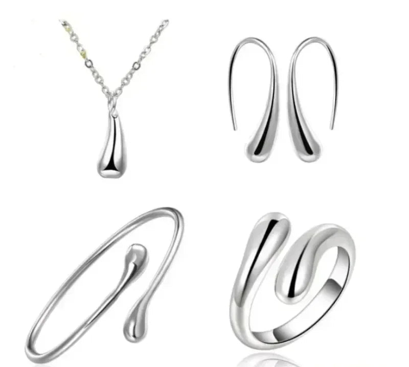 4-Piece Silver Jewelry Set – Water Drop Necklace, Earrings, Bracelet and Ring