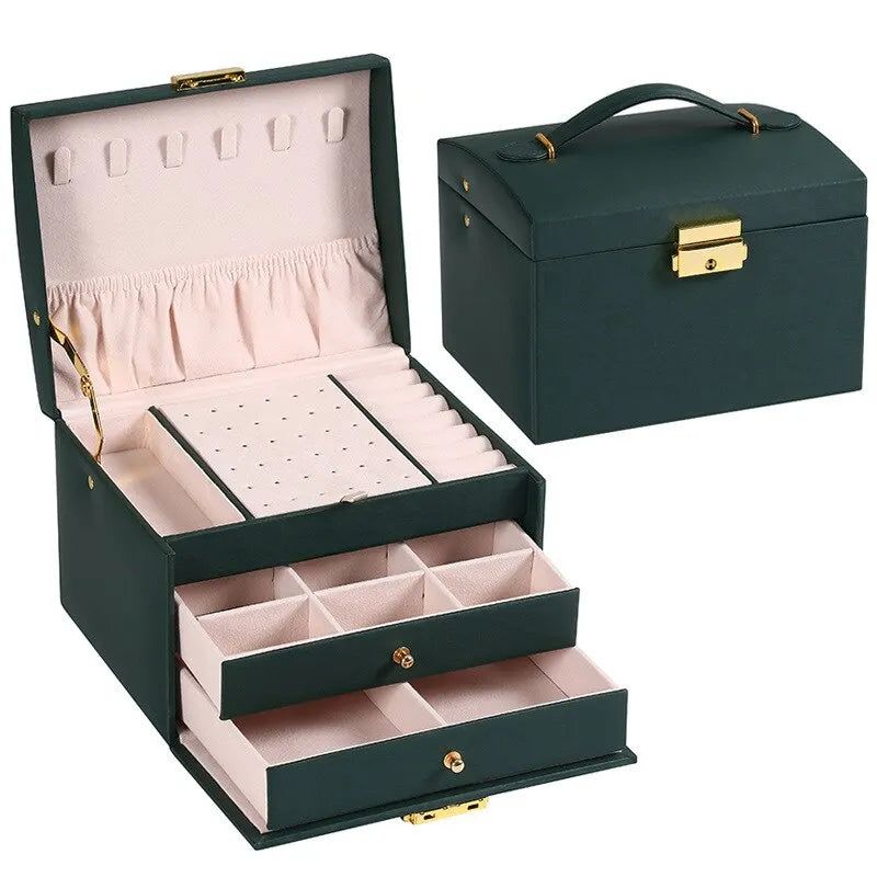 Coffret à bijoux de luxe à trois niveaux – Coffret de rangement en cuir avec serrure