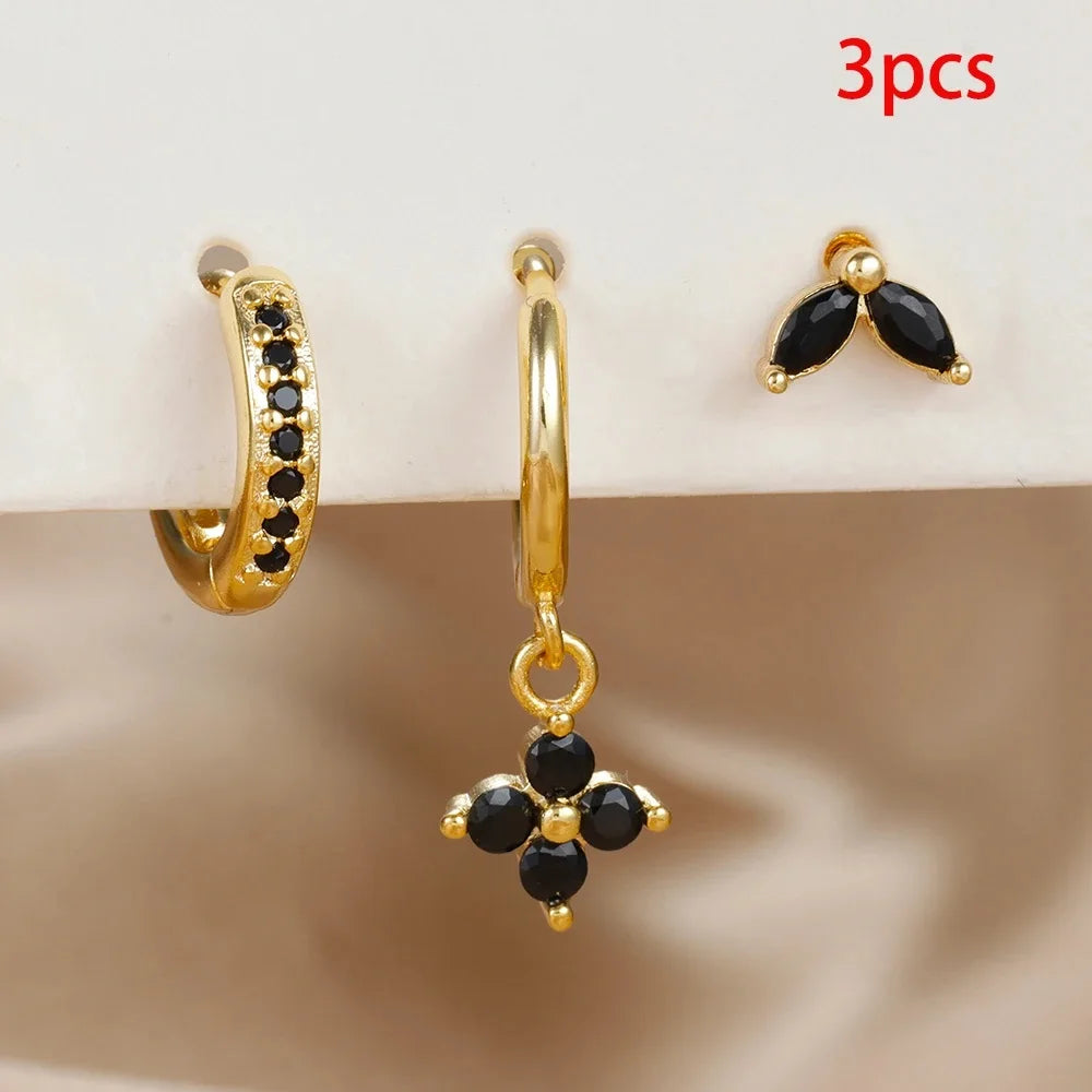 3PCS Stainless Steel Zircon Flower Pendant Earrings Set for Women – Simple Small Gold Color Cartilage Piercing Jewelry Aretes