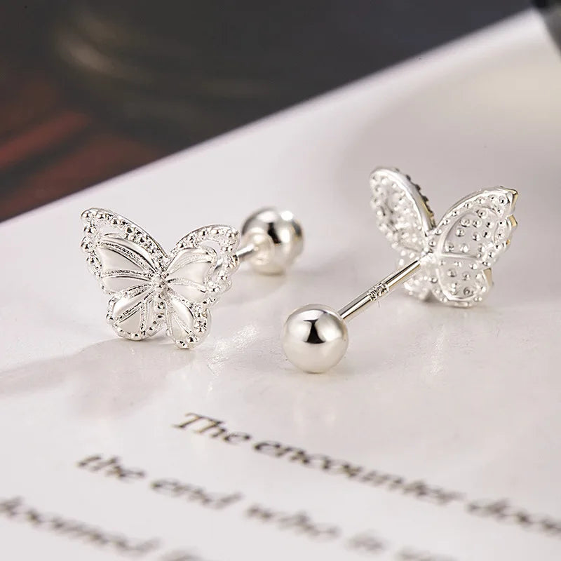 Real Silver Crystal Butterfly Screw Stud Earrings for Women Wedding Party Jewelry Gift 