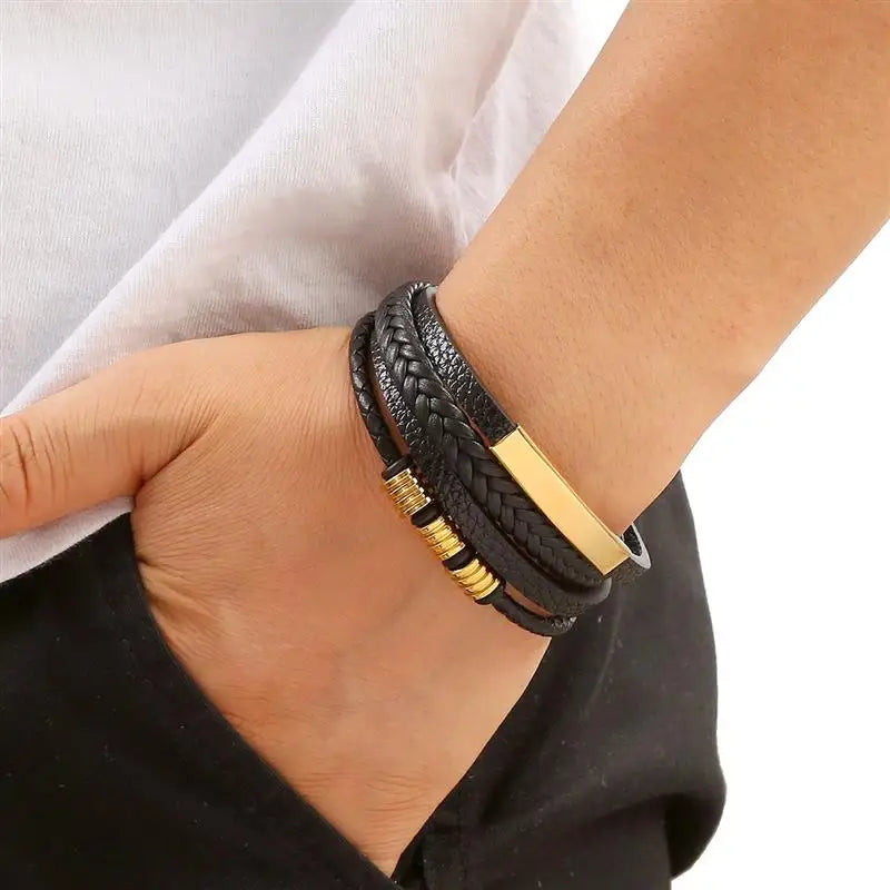 Bracelet en cuir classique pour homme – Design multicouche tissé à la main