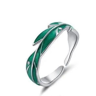 Sterling Zilveren Veer & Groen Blad Ring - Verstelbare Couple Ring