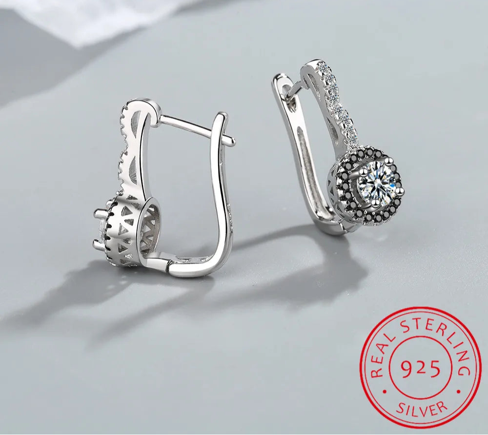 Nieuwe Vintage Echte 925 Sterling Zilveren Verlovings Huggies Oorbellen voor Vrouwen met Zwart & Wit Steentje – Sieraden Brincos