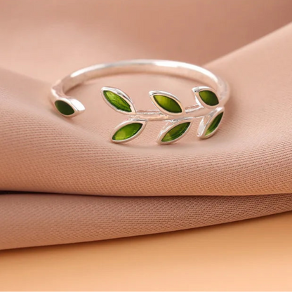 Bague ouverte originale en argent pur avec branches d'arbre vertes et feuilles - Pour femmes et filles