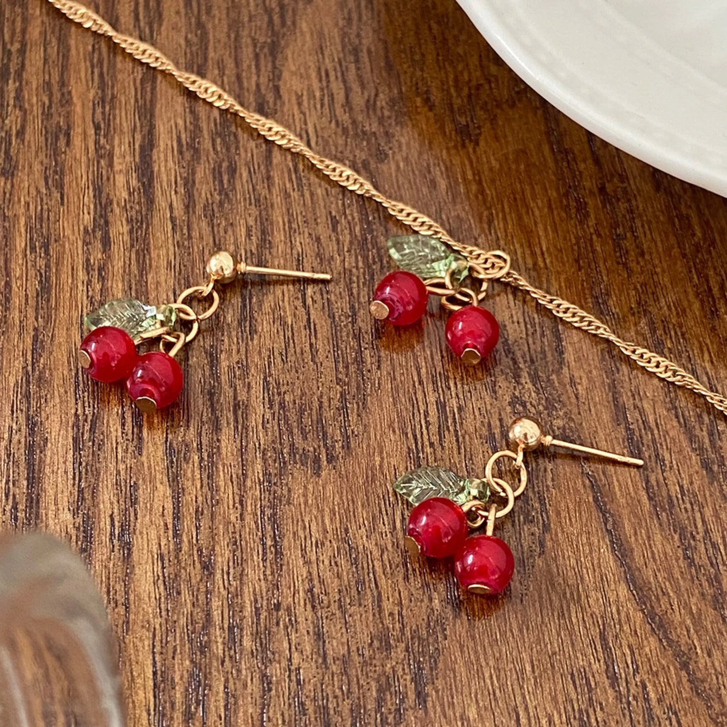 Cherry Red Necklace and Earrings Set - Light Luxury and Niche Design for Women