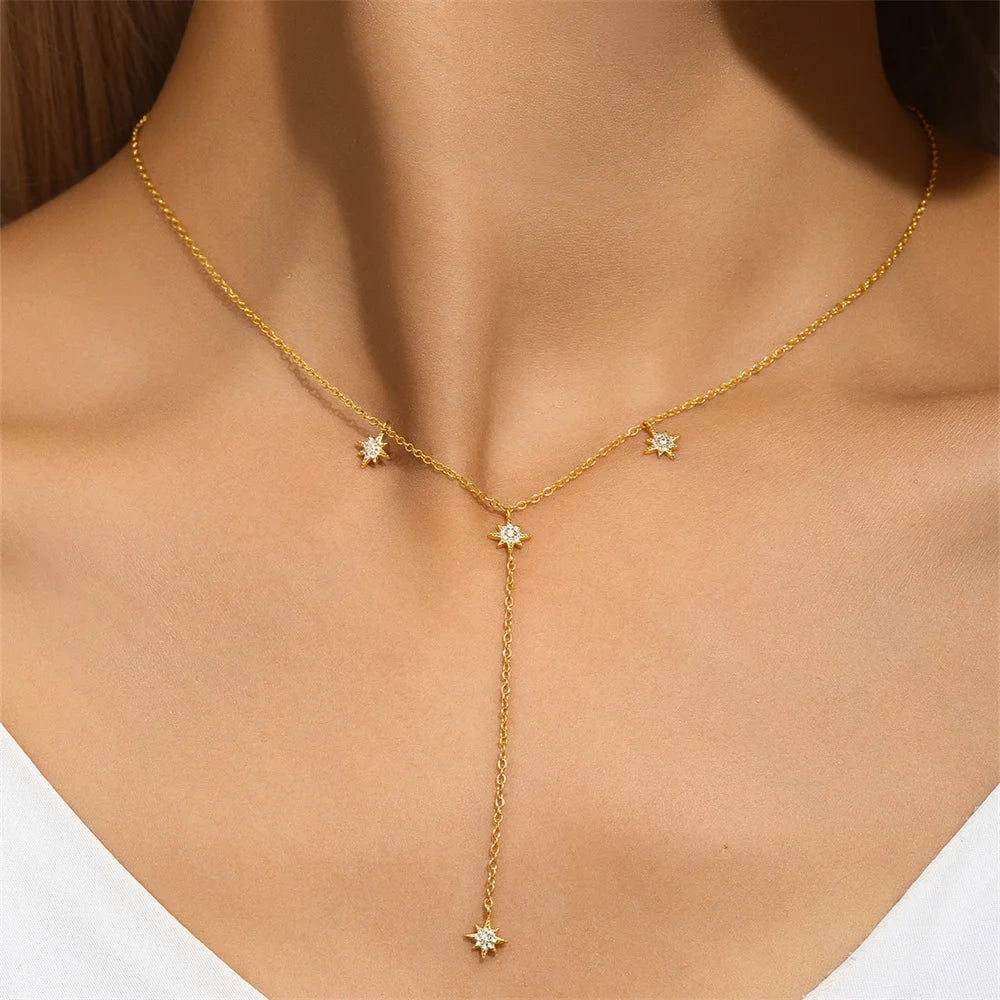 Zilveren Dubbele Laag Clavicle Ketting – Octagon Ster Zirkonia Minimalistisch Fijn Sieraad