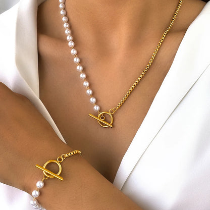 Roestvrijstalen Sieradenset – Elegante Parelketting en OT Hanger voor Vrouwen