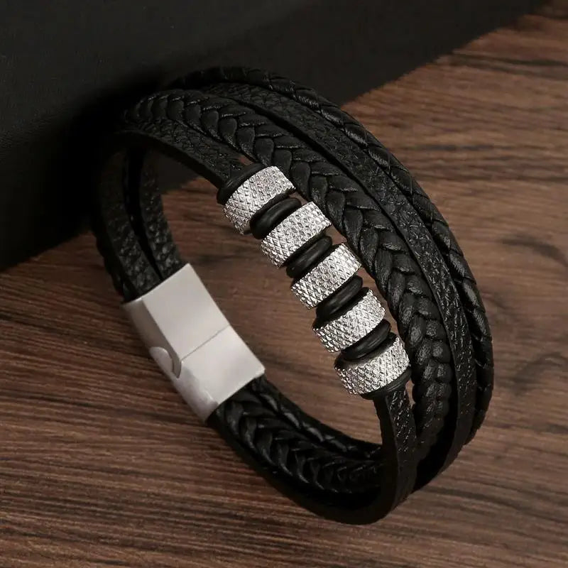 Bracelet en cuir classique pour homme – Design multicouche tissé à la main