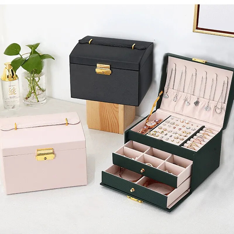 Coffret à bijoux de luxe à trois niveaux – Coffret de rangement en cuir avec serrure