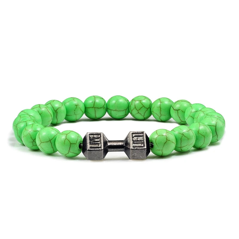 Natuurlijke Vulkanische Steen Armband – Zwart & Wit Kralen met Dumbbell Bedel (Unisex)