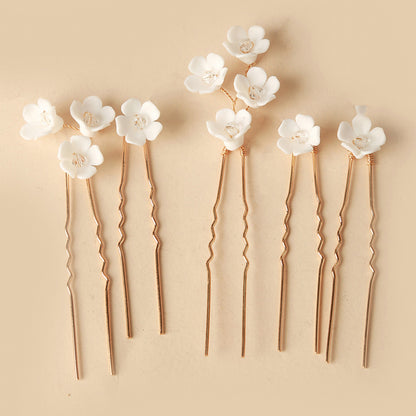 Eenvoudige U-vormige Haarpinnen – Bruids Hoofddeksel met Witte Porseleinen Bloemen – Elegante Haaraccessoires voor Bruiloften