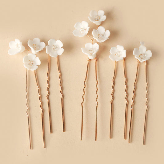 Simple U Shaped Hairpins – Bridal Headpiece with White Porcelain Flowers – Elegant Hair Accessories for Weddings