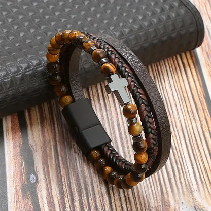 Bracelet en cuir classique pour homme – Design multicouche tissé à la main