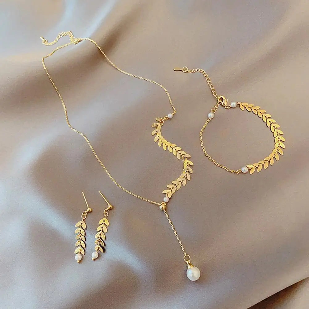 Retro Wheat Leaf Jewelry Set – Necklace, Bracelet and Earrings