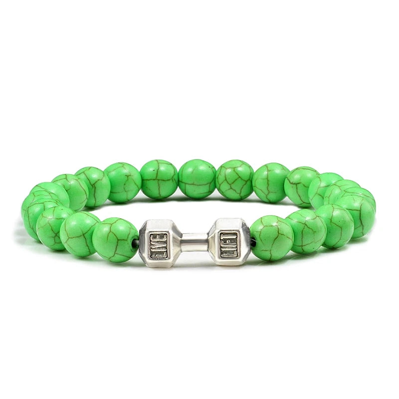 Natuurlijke Vulkanische Steen Armband – Zwart & Wit Kralen met Dumbbell Bedel (Unisex)