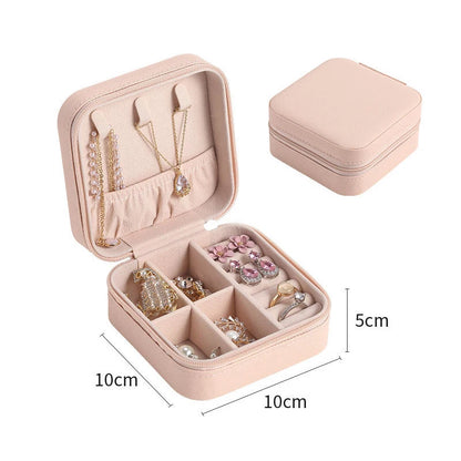 Portable Leather Jewelry Box - Compact Travel Case with Zipper and Snap