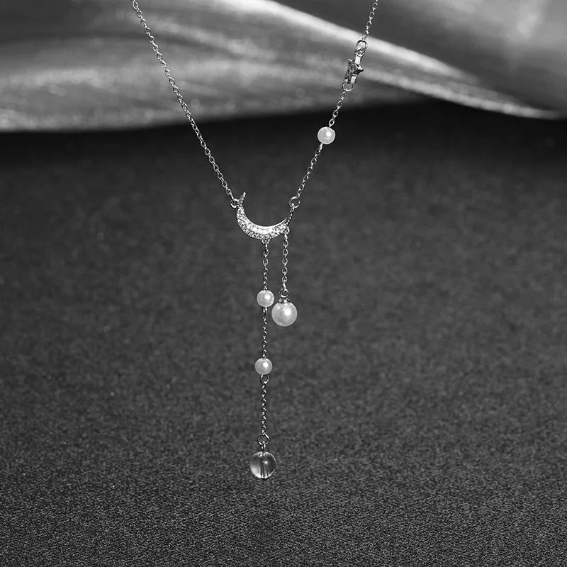 Silver Star Moon Necklace Pearl Tassel Necklace Sparkling Zircon Pendant Wedding Jewelry Accessories