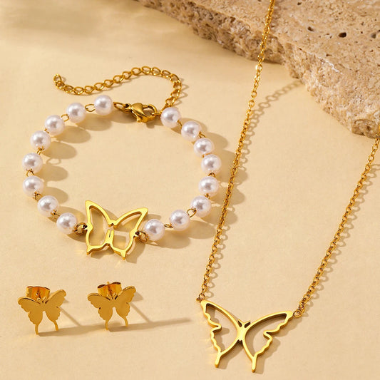 Jewelry Set – Necklace, Earrings, Pearl Bracelet and Butterfly Design