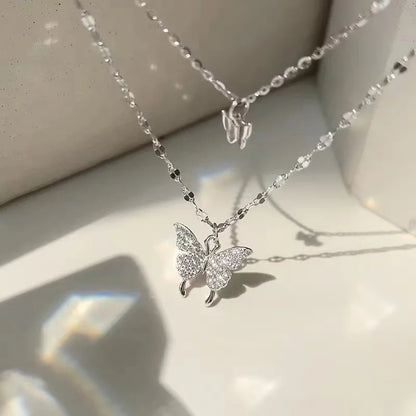 Popular Silver Double Layer Butterfly Necklace Zirconia Insect Pendant Birthday Gift For Women Fine Jewelry