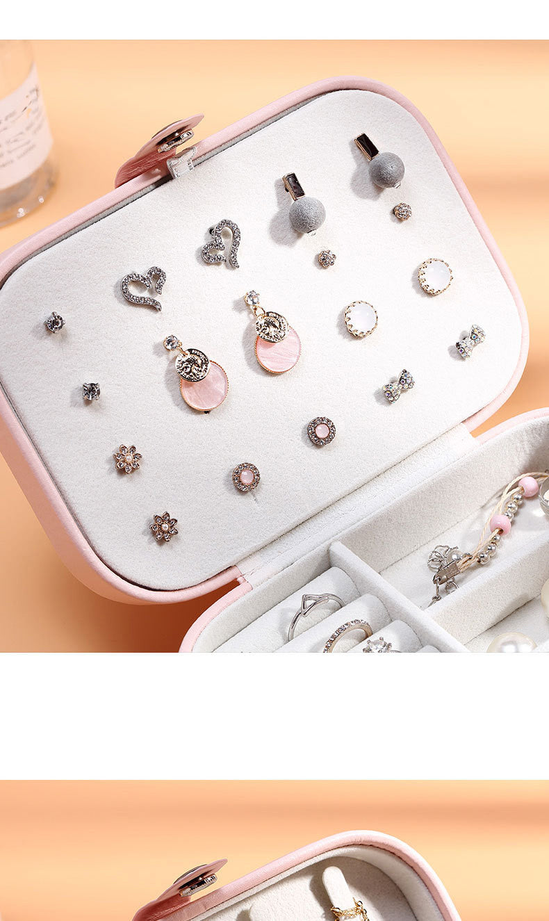 Portable Leather Jewelry Box - Compact Travel Case with Zipper and Snap