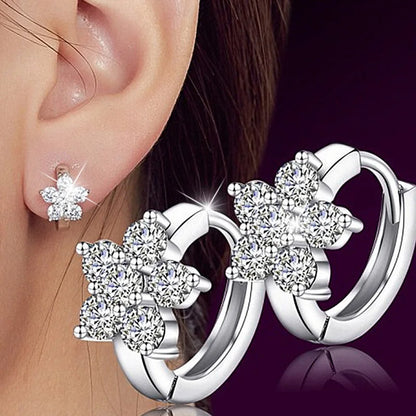 Clear Zircon Flower 925 Sterling Silver Small Round Huggies Hoop Earrings – Jewelry Aros