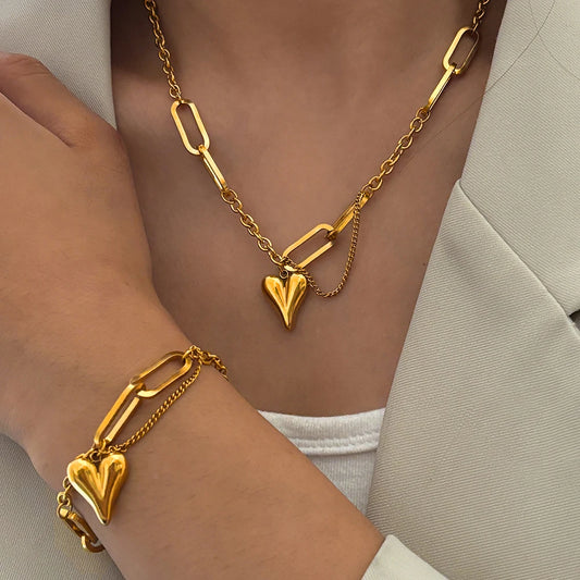 Ensemble de bijoux en acier inoxydable – Collier et bracelet irréguliers en forme de cœur rétro