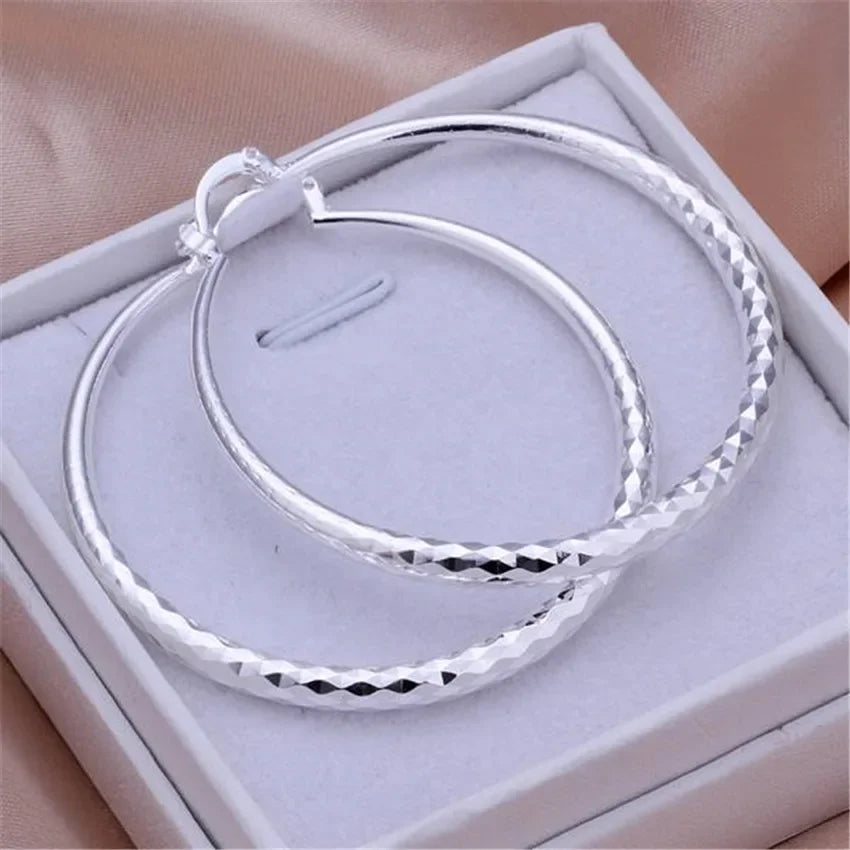 Charms Fine Silver 5CM Circle Hoop Earrings for Women Fashion Beautiful Wedding Party Jewelry Holiday Gifts